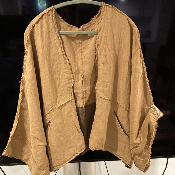Unique Spring Summer 100% Linen Jacket/Blouse, One Size, khaki/coffee color - Picture 1 of 16